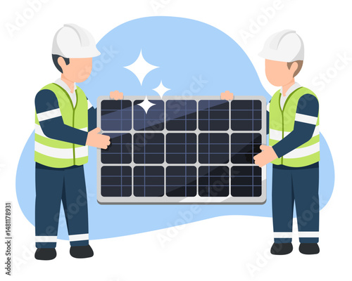 Two engineers in safety uniforms inspecting and selecting a clean  high efficiency solar panel before rooftop installation for a renewable energy project cartoon