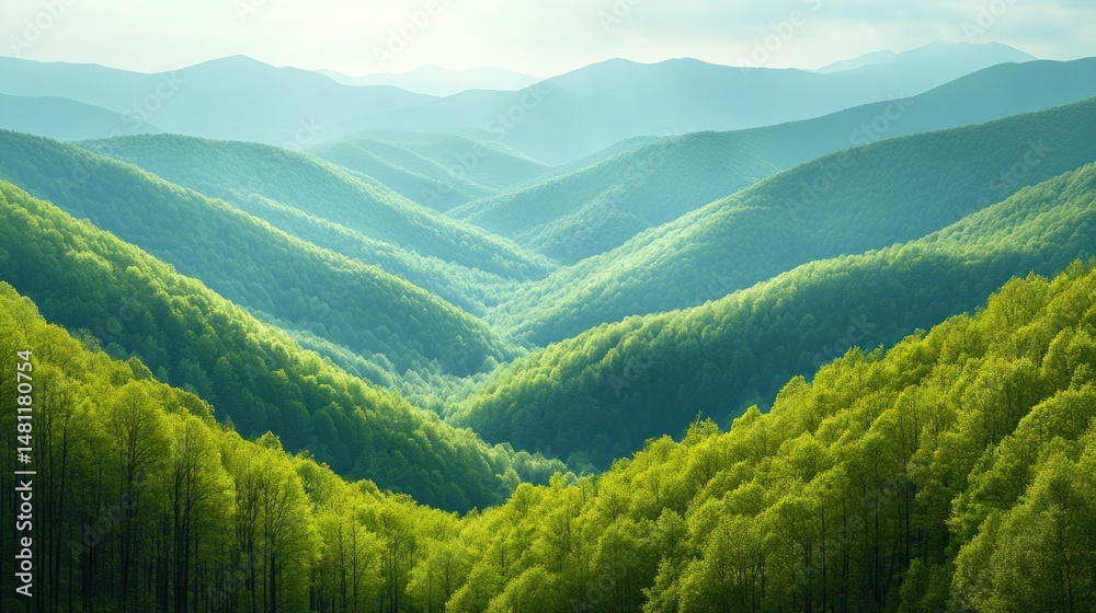 Naklejka premium Lush green mountain valleys bathed in sunlight