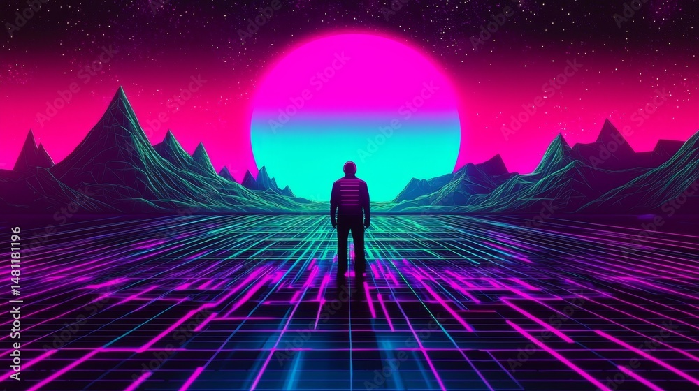 Fototapeta premium Futuristic geometric landscape creates a synthwave vibe.