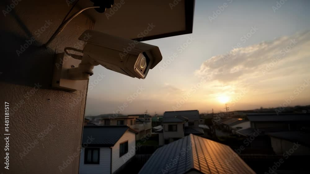 Security camera on a building watches over a neighborhood with the sunset in the distance, providing safety and vigilance.