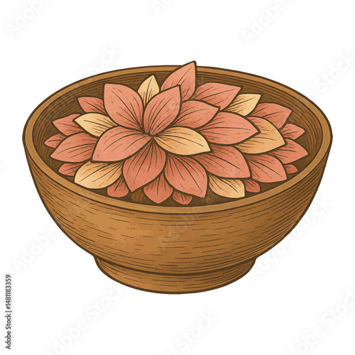 Offering Bowl Vector – Wooden Bowl with Rose Petals for Ritual and Meditation