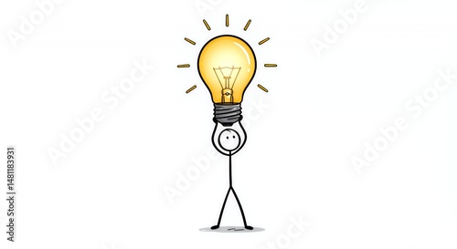 Stickman Holding Glowing Lightbulb Representing Innovative Ideas Against Clean White Backdrop Symbolizing Business Motivation