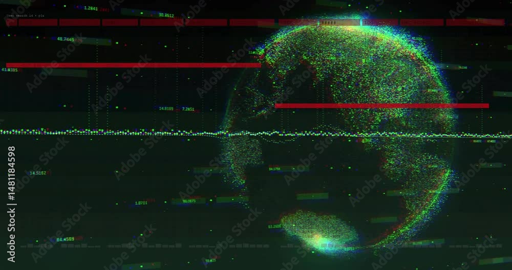 Data-driven globe being visualized in 3D render with streaming lines, glowing dots, floating labels