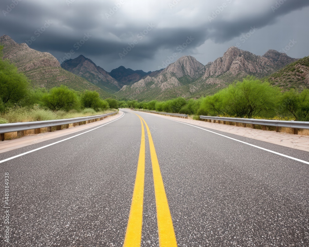 Naklejka premium Scenic Road Winding Through Mountains Under Dark Clouds