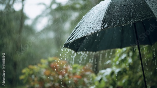 Black Umbrella in Rain with Garden Background