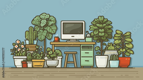 Modern home office workspace scene with desktop computer potted plant and coffee flat line art 