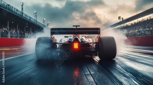 A rear view of a fast formula one car speeding down the track with smoke.
