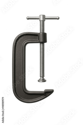 Black metal C-clamp with T-shaped handle and knurled knob on transparent background