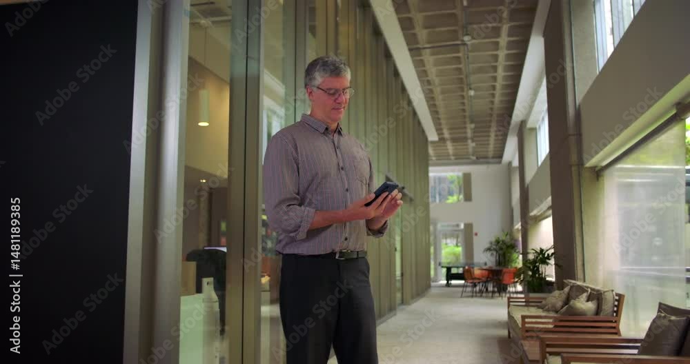 Middle aged man standing in office hallway using cellphone focused on screen interacting with mobile device in modern professional business setting Middle aged man standing in office hallway using cellphone focused on screen interacting with mobile device in modern professional business setting