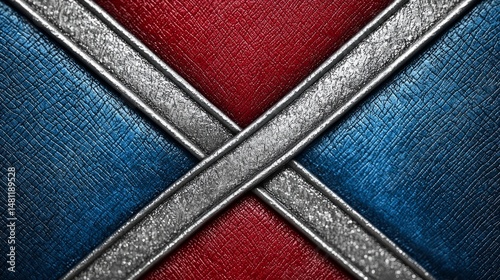 Abstract Symmetrical Metallic Background with Red, Blue, and Silver Bands