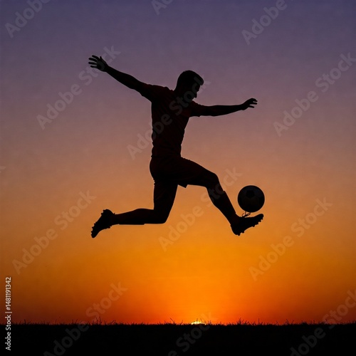 Wallpaper Mural Dynamic silhouette of a soccer player mid-air kicking a ball, captured against a vivid sunset sky in an open field.
 Torontodigital.ca