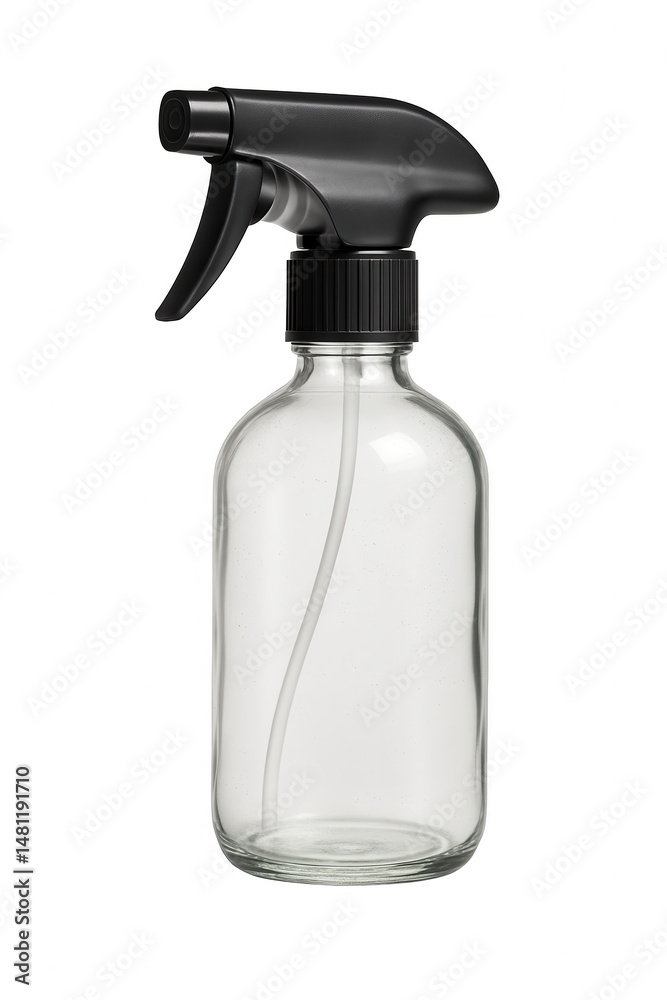 Clear glass spray bottle with black trigger sprayer isolated on transparent background