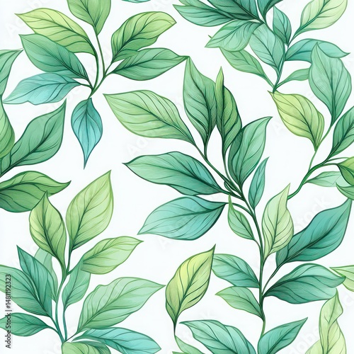 Seamless pattern of various shades of green leaves with delicate veins on a white background, creating a fresh and natural botanical feeling