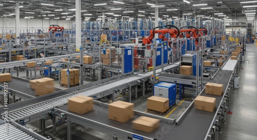 Automated warehouse, boxes on conveyor belts