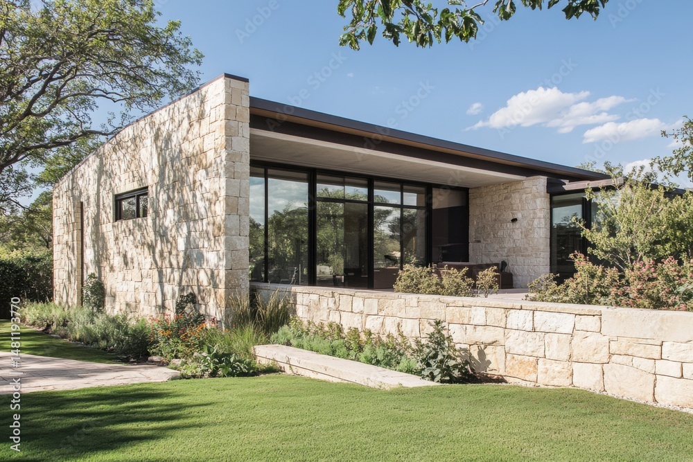 Fototapeta premium A contemporary stone structure featuring expansive windows is nestled amidst lush greenery, all set against a backdrop of a clear blue sky in a peaceful outdoor environment