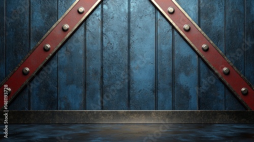 Dark Blue Wooden Background With Red And Metallic Accents