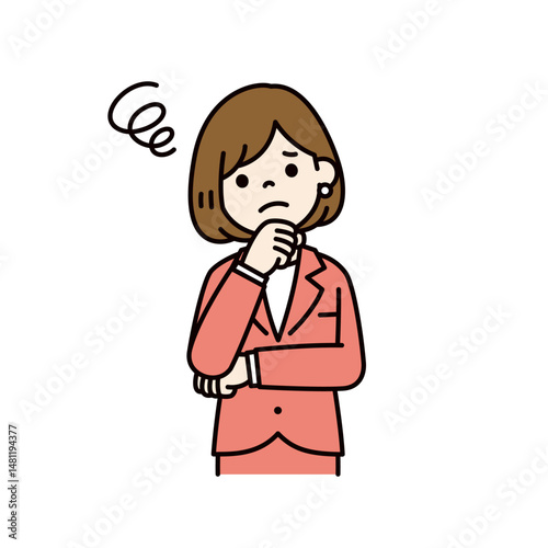 顎に手を添えて悩む、若い女性会社員のベクターイラスト素材＿線幅の編集可能＿カラー