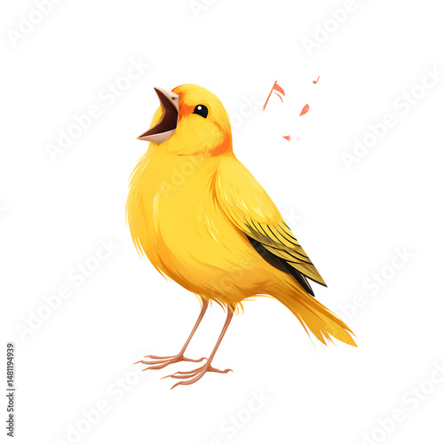A bright yellow canary, mouth open, appears to be singing on a black background, with music notes flying out.