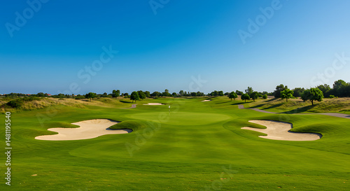Expansive golf course with undulating green sand bunkers and distant trees under a clear blue sky