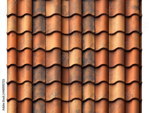 close-up view of weathered terracotta roof tiles arranged in neat vertical rows showing rich shades of orange, brown, and beige with a textured surface