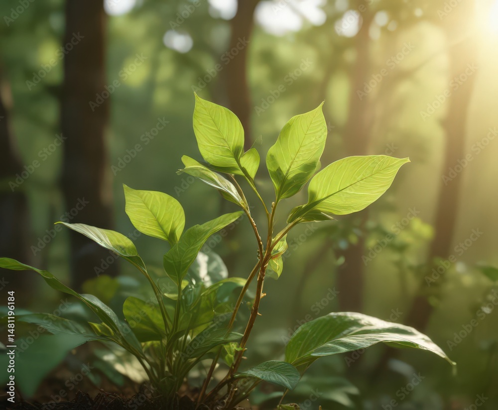 Fototapeta premium Delicate sprout bathed in golden dawn light, vibrant green leaves unfolding against blurred natural backdrop, beam, growth