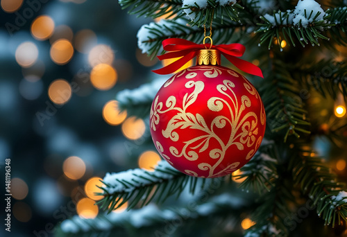 Elegant Red Christmas Ornament Hanging on Snowy Tree with Bokeh Lights,Festive Holiday Bauble on Pine Branch with Soft Winter Background.