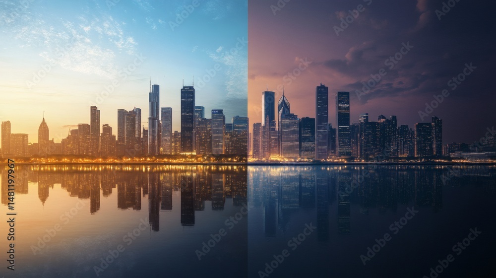 Obraz premium A captivating split view reveals Chicago's skyline at dawn and night, reflected in the water.