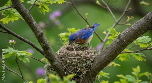 Bluebird building nest in a tree