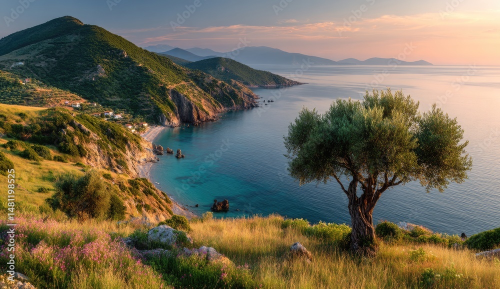 Obraz premium Picturesque coastal landscape at sunset