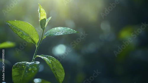 Green Leaves of a Young Plant Covered in Droplets in Natural Light