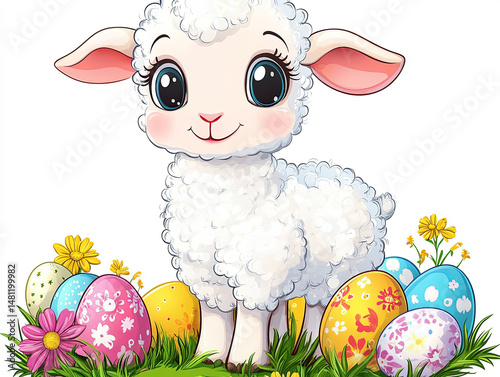 Fluffy lamb stands on vibrant green grass, surrounded by colorful Easter eggs, representing the joy and celebration of the spring season and Easter festivities
