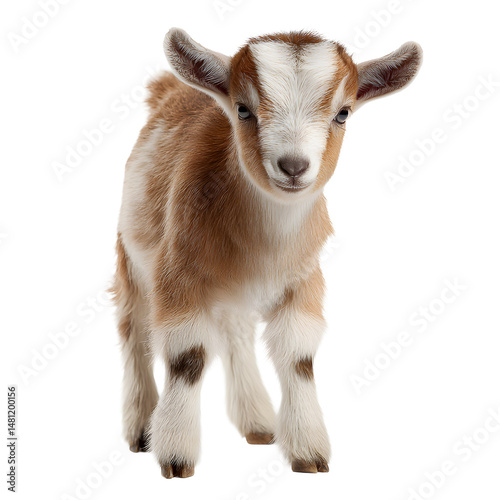 A curious and cute baby goat with brown and white fur stands on a dark background looking at the camera.