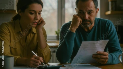 Couple reviewing financial documents at home, showing concern and contemplation in a cozy kitchen