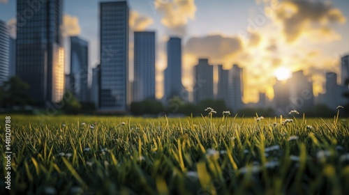 Lush Meadow with Tall Grass Blades and Distant Urban Skyline at Sunset