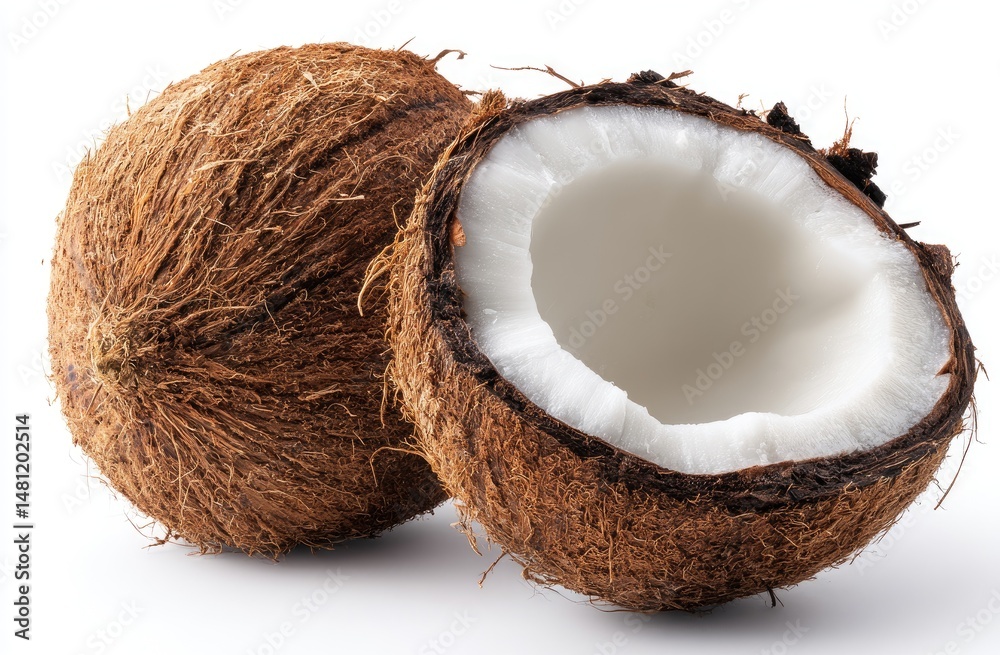 Two coconuts, one whole and one half, displayed against a white background Two coconuts, one whole and one half, displayed against a white background