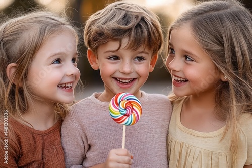 Three children smiling and happily sharing a large colorful swirl lollipop outdoors in warm light