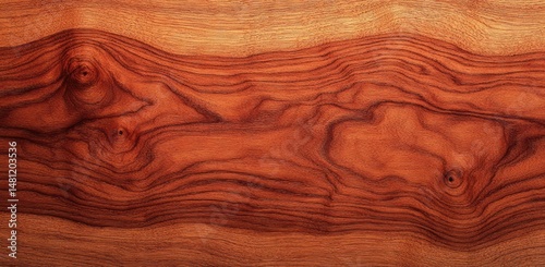 close-up view of richly colored natural wooden texture with distinct grain patterns and knots creating organic flowing lines in warm brown tones