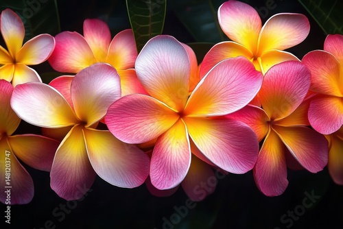 close-up of vibrant pink and yellow plumeria flowers with soft petals and subtle shadows on dark background creating a warm and peaceful mood