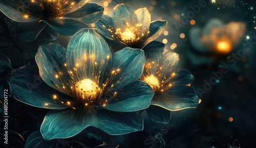 Mystical glowing flowers in a dark garden