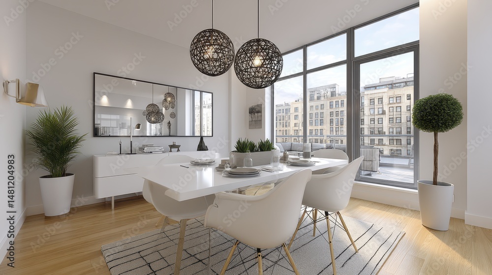 Fototapeta premium Bright, airy Scandinavian dining space with subtle Christmas accents Natural light, simple design, festive holiday feel - abstract background pattern texture