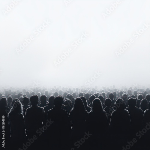 Large crowd of people viewed from behind standing closely together facing a bright, foggy or white illuminated background conveying unity and anticipation