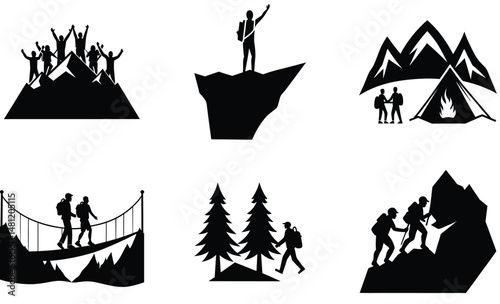 Backpackers in Mountain Silhouette Set – Vector Illustration of Hikers with Backpacks Exploring Peaks, Trails, and Outdoor Landscapes for Travel, Adventure, and Nature Design Projects