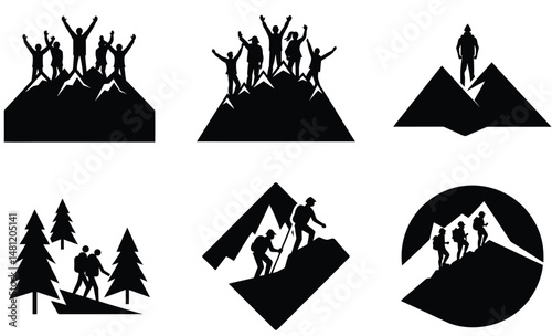 Backpackers in Mountain Silhouette Set – Vector Illustration of Hikers with Backpacks Exploring Peaks, Trails, and Outdoor Landscapes for Travel, Adventure, and Nature Design Projects