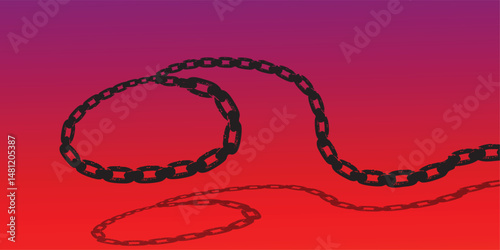 Long black metal chain looping and extending on red background