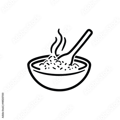 Black and white outline showcases hot cereal in a bowl with steam and spoon