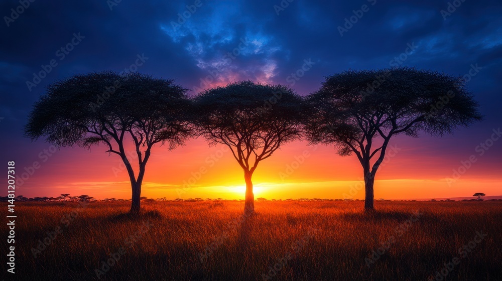 Majestic African sunset with three silhouetted trees Majestic African sunset with three silhouetted trees