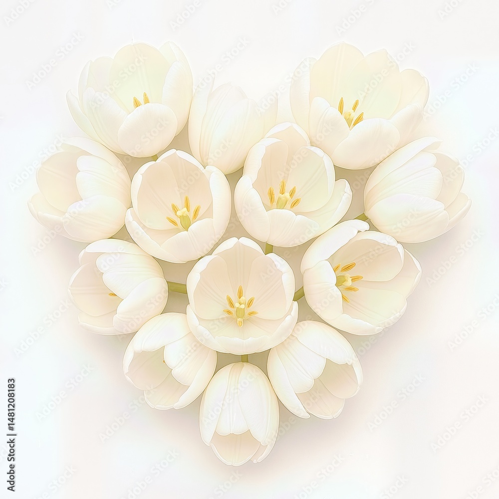 Obraz premium White tulip flowers forming a heart shape on a light background. Floral concept of love, celebration, birthday, wedding and Valentine's day.