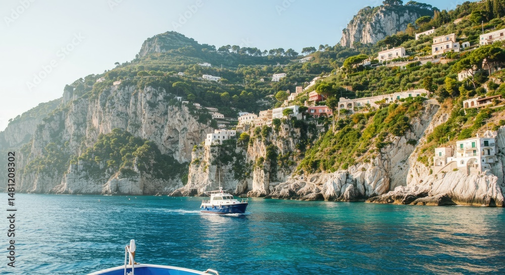 Obraz premium Coastal Amalfi Coast scenery with a boat. Picturesque Mediterranean landscape with houses clinging to cliffs