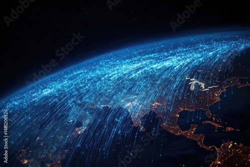 Satellite Data Flowing Over Earth in Orbit Visualization