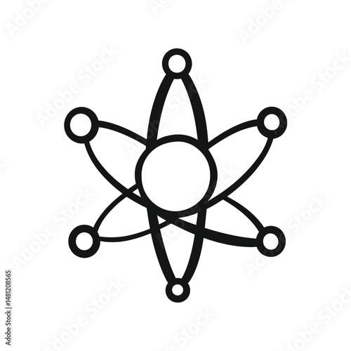 Black Atom icon with orbiting electrons presents the concept of science and modern technology